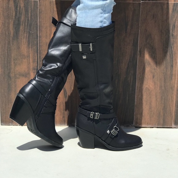 Black Knee High Tall Studded Block Heel Boots - Picture 2 of 5